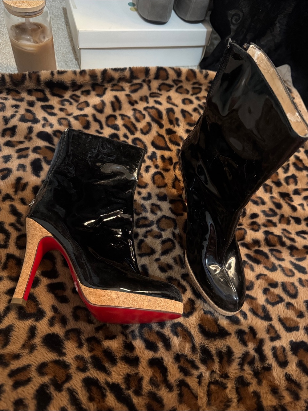 Oh Deer! Black Patent Platform Ankle Boots with Red Sole